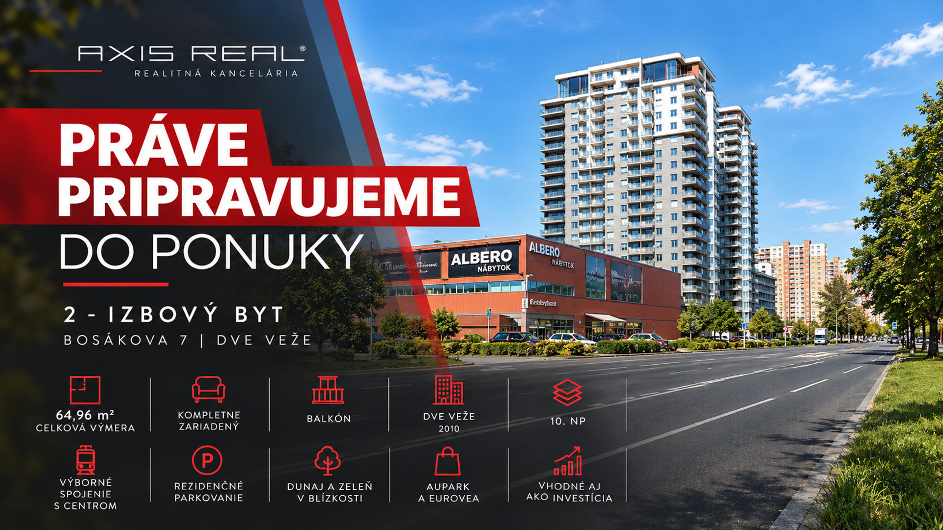  Priestranný 2-izbový byt 65 m², DVE VEŽE, Bosákova 7
